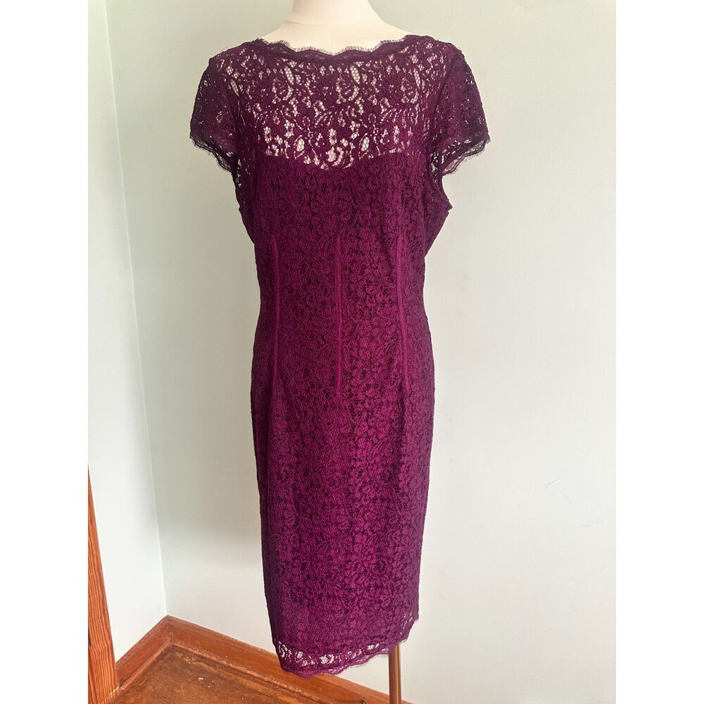 Adrianna Papell Wine/Plum Lace Illusion Sheath Dress Size 12